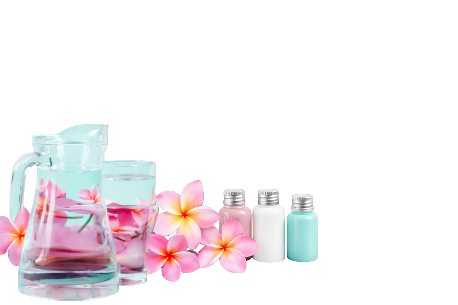 Rituel bien-être sylvie-dupin à Bordeaux avec fleurs de frangipanier, eau infusée et flacons cosmétiques pastel